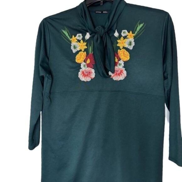 Zara Tunic Long Sleeve Empire Waist Green Floral Embroidered Ribbon Collar Size - Picture 6 of 10